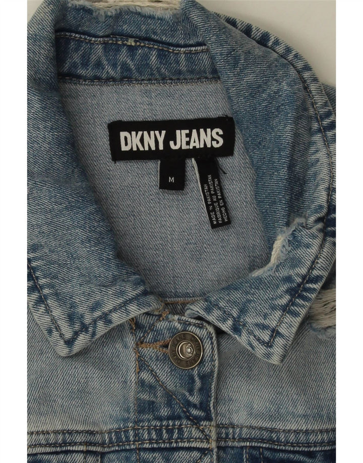 Женская укороченная джинсовая куртка Dkny с потертостями UK 14, хлопок среднего синего цвета