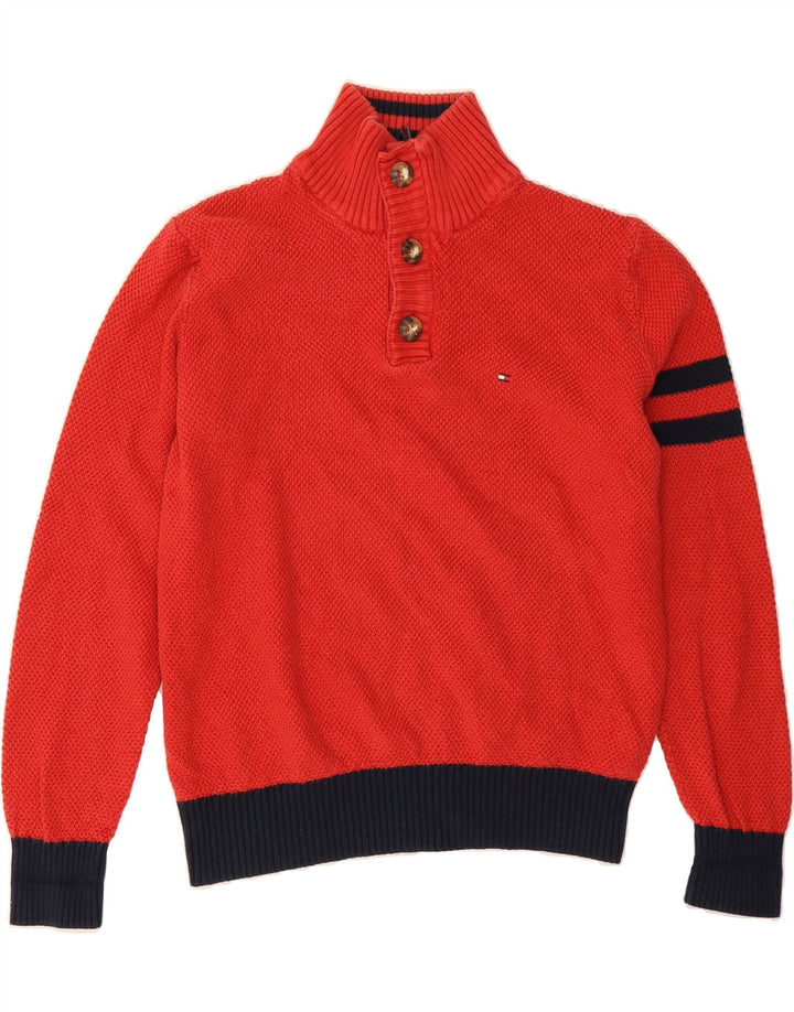 TOMMY HILFIGER Womens Button Neck Jumper Sweater UK 14 Medium Red Cotton Vintage Tommy Hilfiger and Second-Hand Tommy Hilfiger from Messina Hembry 