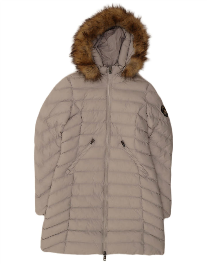 Женское стеганое пальто с капюшоном Superdry UK 10, маленький серый полиэстер