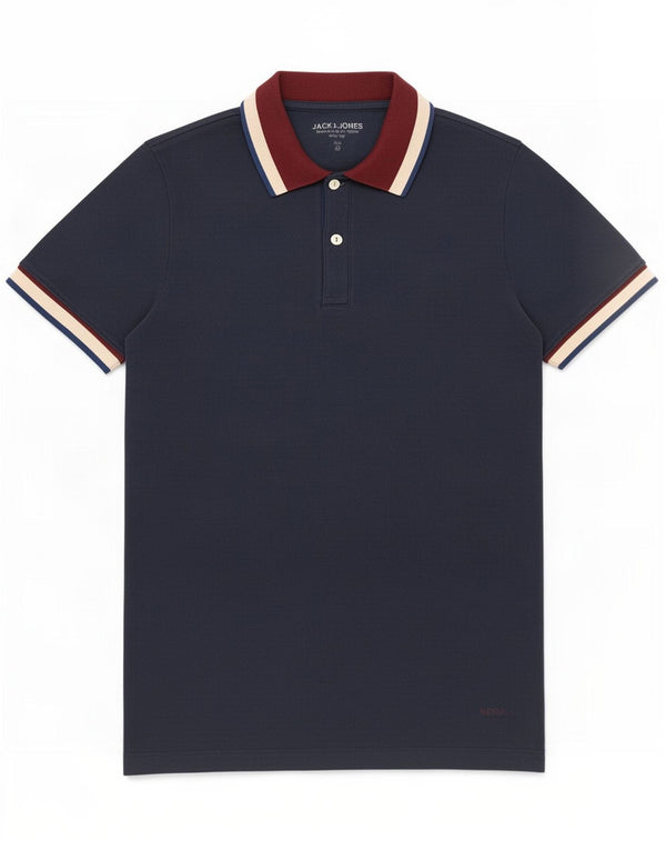 Мужская рубашка-поло Jack & Jones среднего размера, темно-синяя, хлопковая с цветными блоками