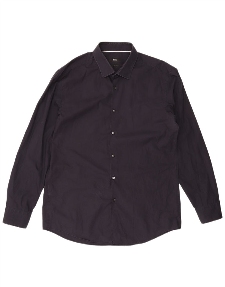 Мужская рубашка приталенного кроя HUGO BOSS, размер 44, 17, 1/2 XL, темно-синяя, хлопок