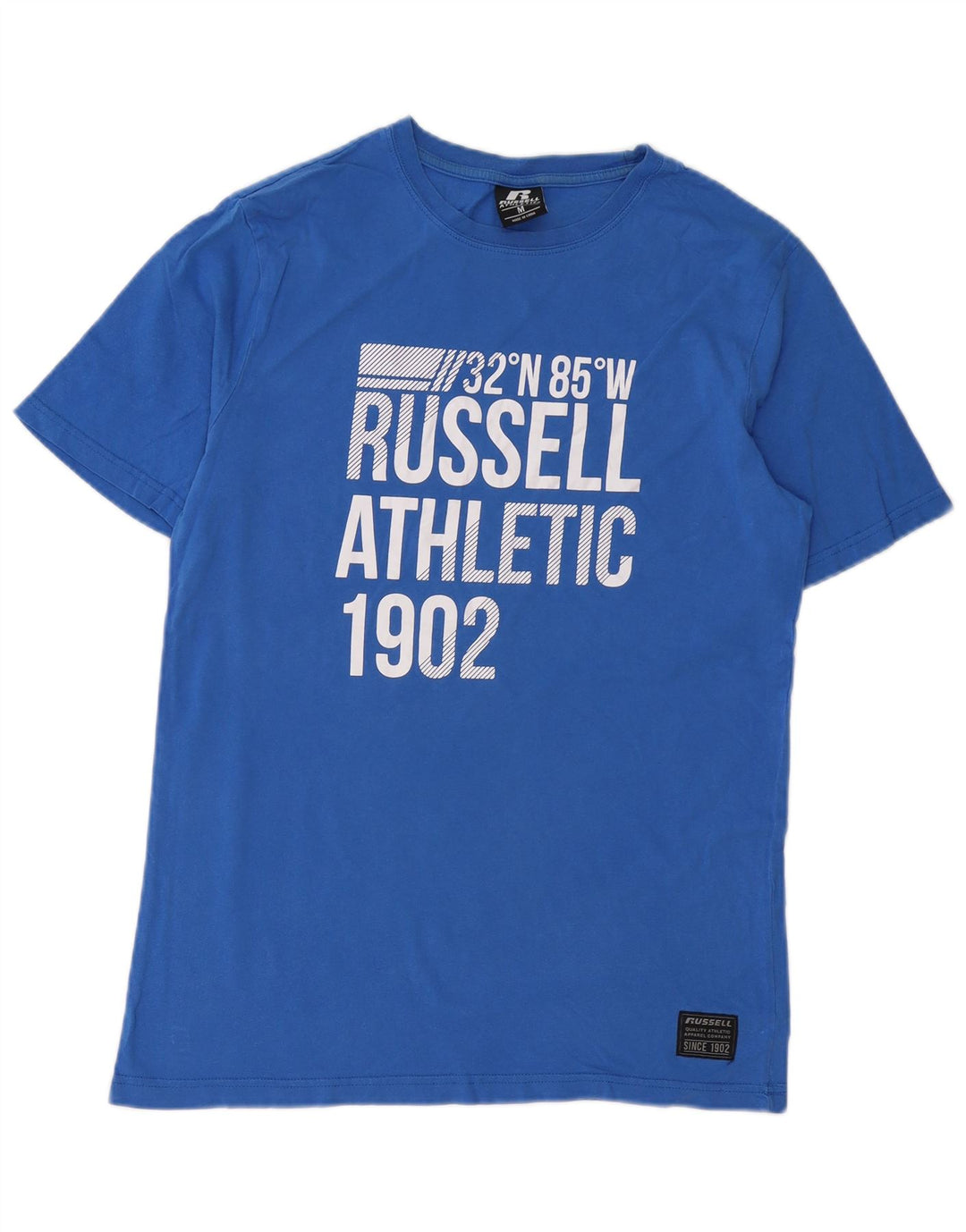 Мужская футболка с рисунком RUSSELL ATHLETIC, хлопковый топ среднего синего цвета