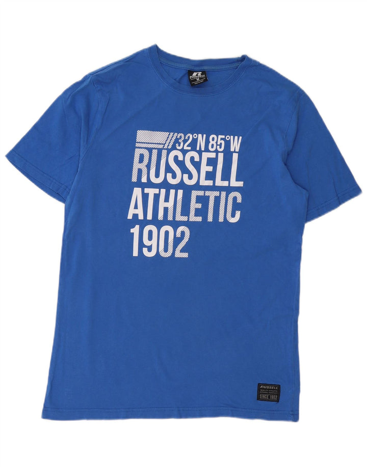 Мужская футболка с рисунком RUSSELL ATHLETIC, хлопковый топ среднего синего цвета