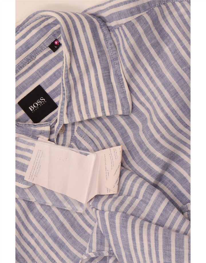 Мужская рубашка Hugo Boss, большая синяя льняная полоска