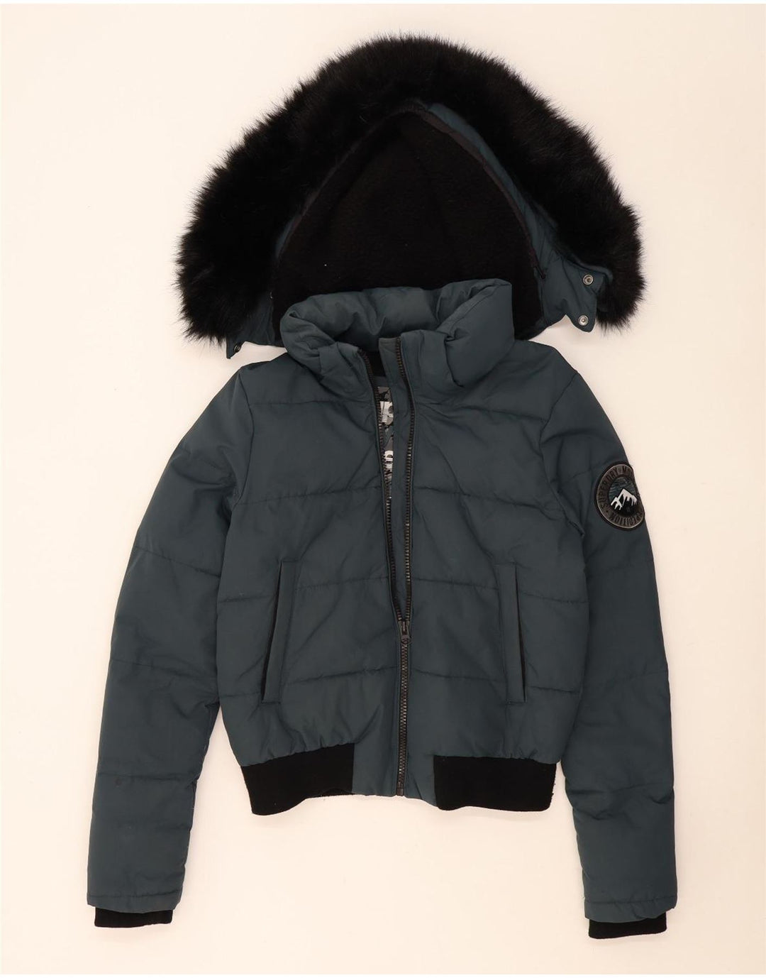 Женская утепленная куртка-бомбер с капюшоном Superdry UK 14, средний синий цвет с цветными блоками