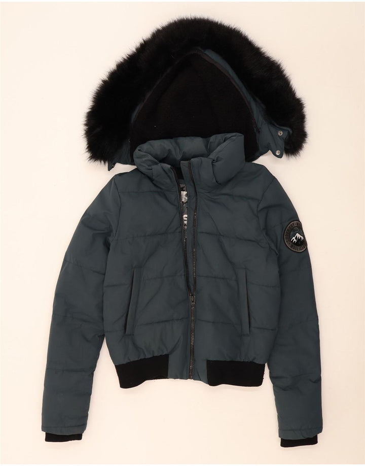 Женская утепленная куртка-бомбер с капюшоном Superdry UK 14, средний синий цвет с цветными блоками