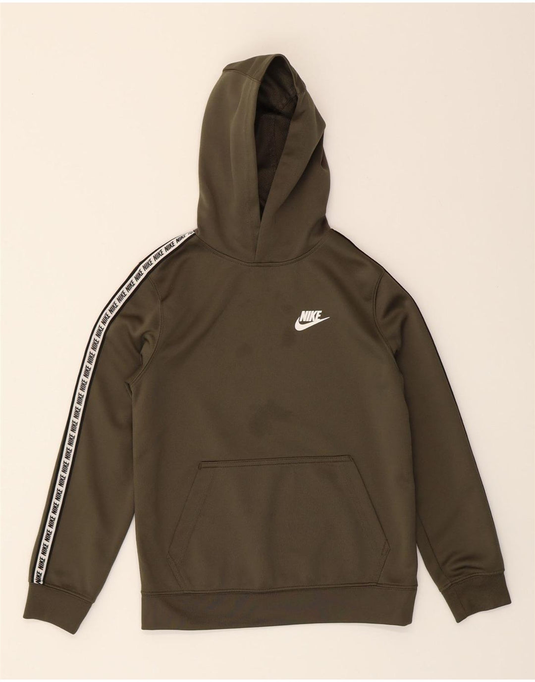 NIKE Boys Graphic Hoodie Jumper 8-9 Years Small Khaki Polyester Vintage Nike and Second-Hand Nike from Messina Hembry 
