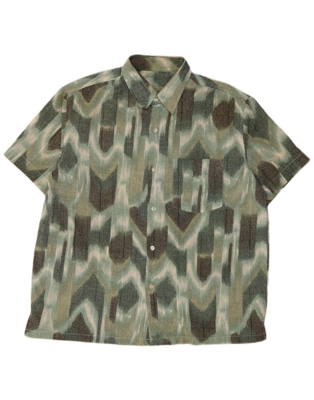 VINTAGE Мужская рубашка с коротким рукавом, большая зеленая с геометрическим рисунком