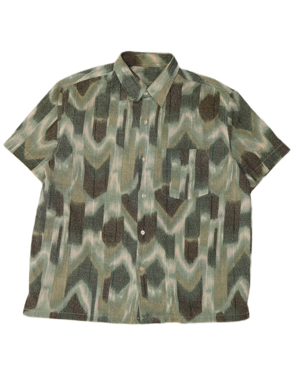 VINTAGE Мужская рубашка с коротким рукавом, большая зеленая с геометрическим рисунком