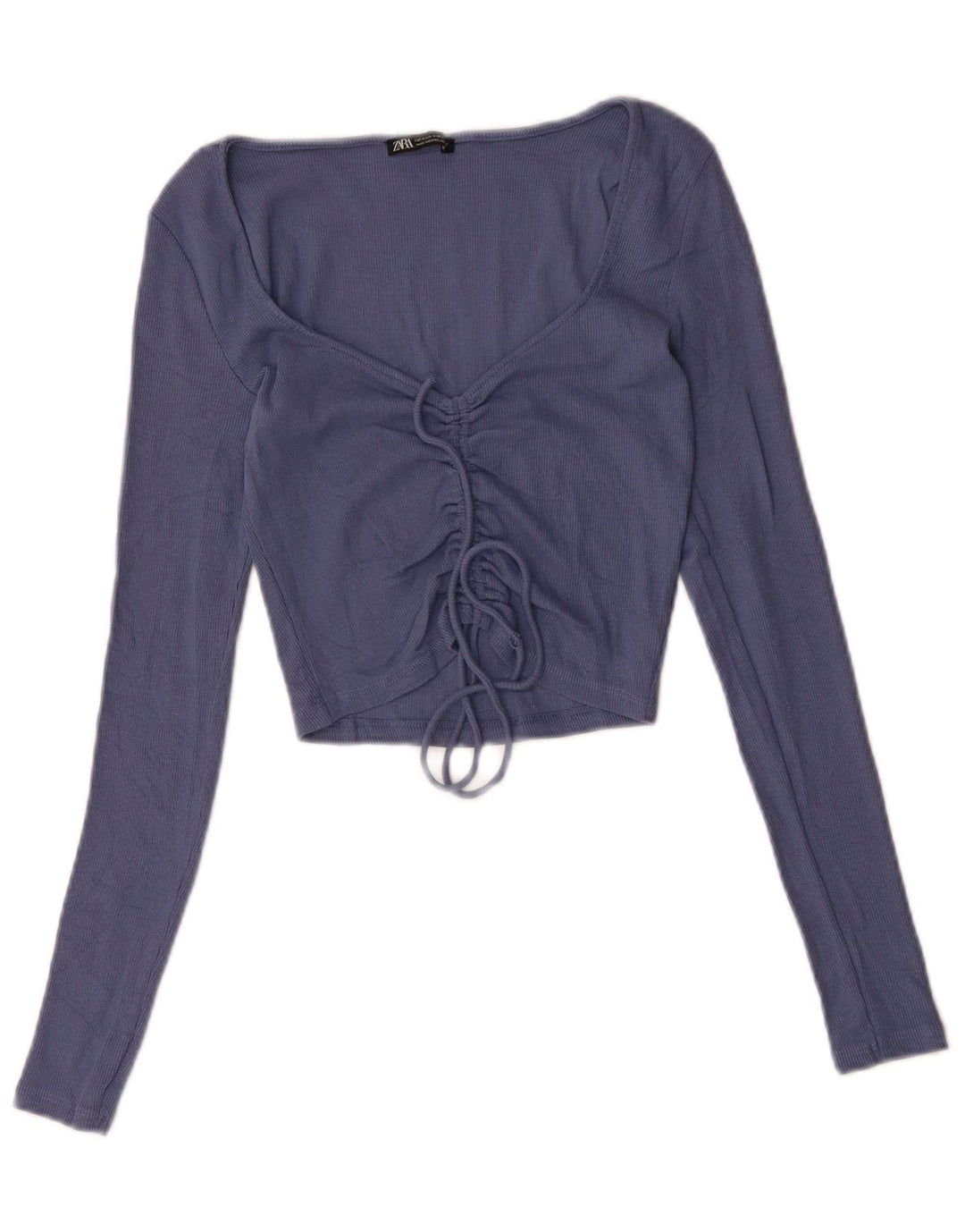 Женский укороченный топ ZARA с длинным рукавом UK 12, хлопок среднего синего цвета