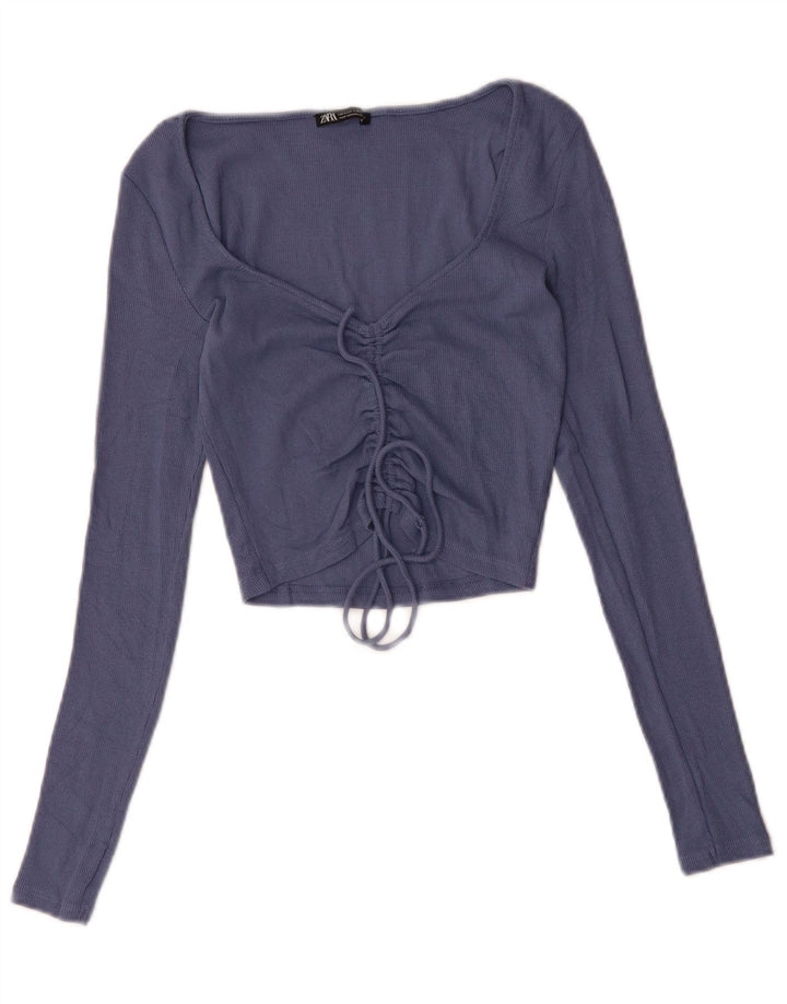 Женский укороченный топ ZARA с длинным рукавом UK 12, хлопок среднего синего цвета