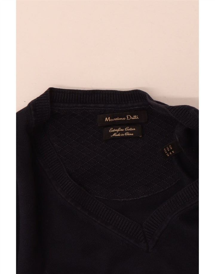 Мужской джемпер с v-образным вырезом Zara, средний темно-синий хлопковый свитер