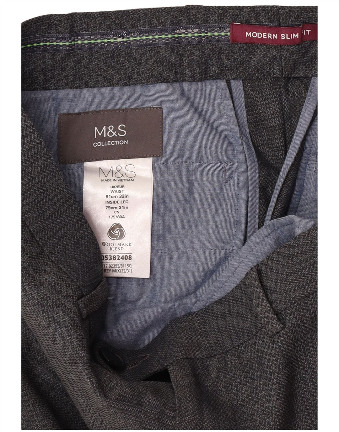 Мужские современные брюки узкого кроя Marks & Spencer W32 L31 серые шерстяные