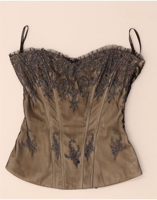 WAREHOUSE Женский корсет с открытыми плечами, Великобритания, 8 маленьких размеров, бежевый, полиэстер с цветочным принтом