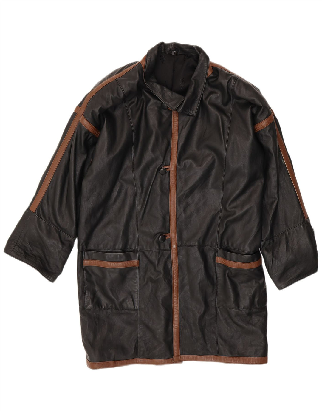 Мужское кожаное пальто VINTAGE UK 40, большое черное с цветными блоками