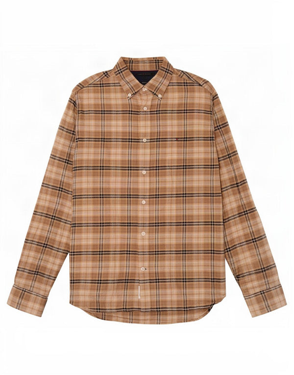 Tommy Hilfiger Mens Regular Fit Flannel Shirt Large Brown Check Cotton
