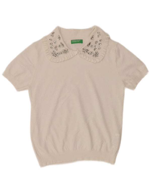 Женский свитер Benetton с короткими рукавами и воротником-поло UK 6 XS, белый хлопок