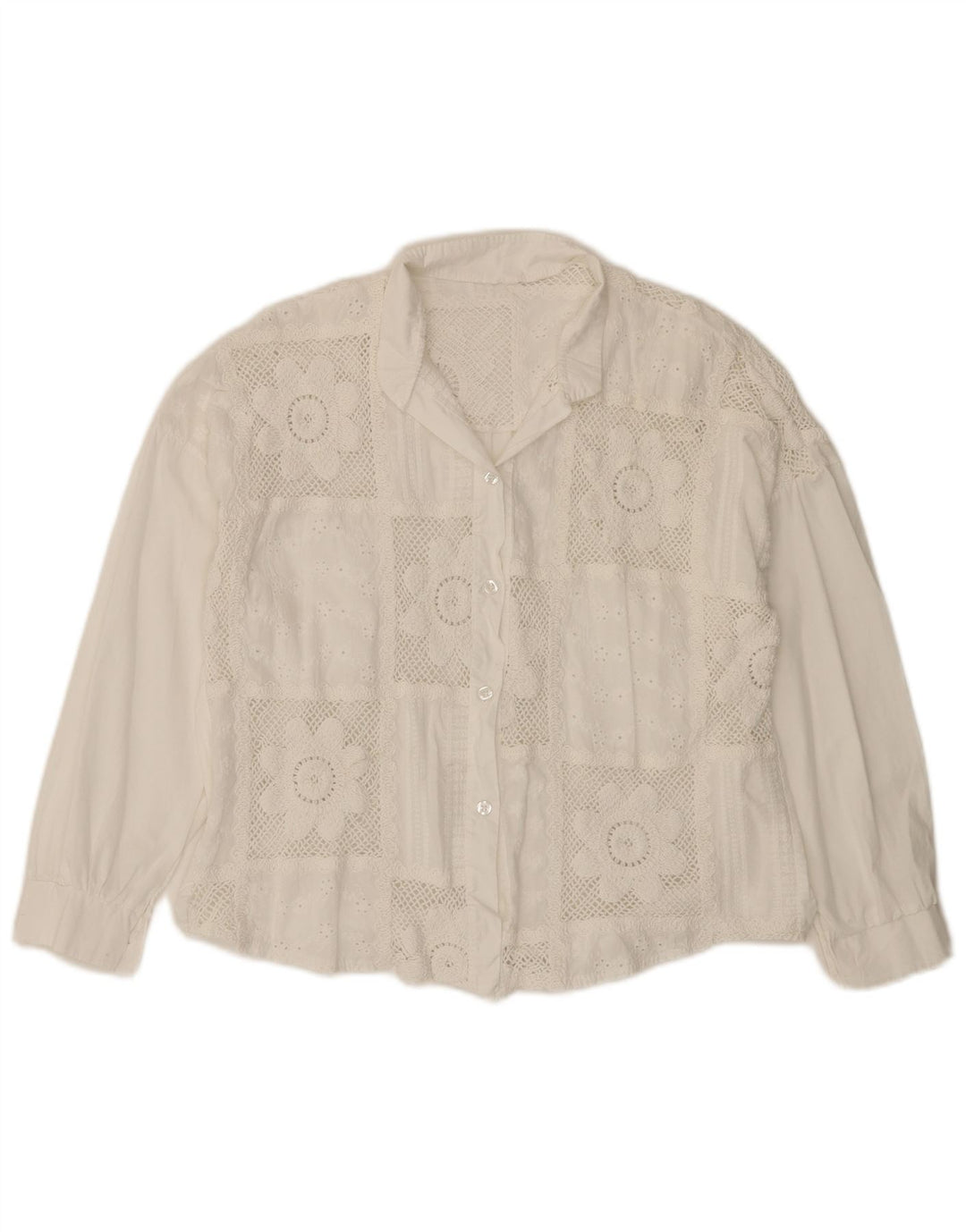 ВИНТАЖНАЯ женская блузка-рубашка с рукавом 3/4, Великобритания 14, средний белый цветочный хлопок