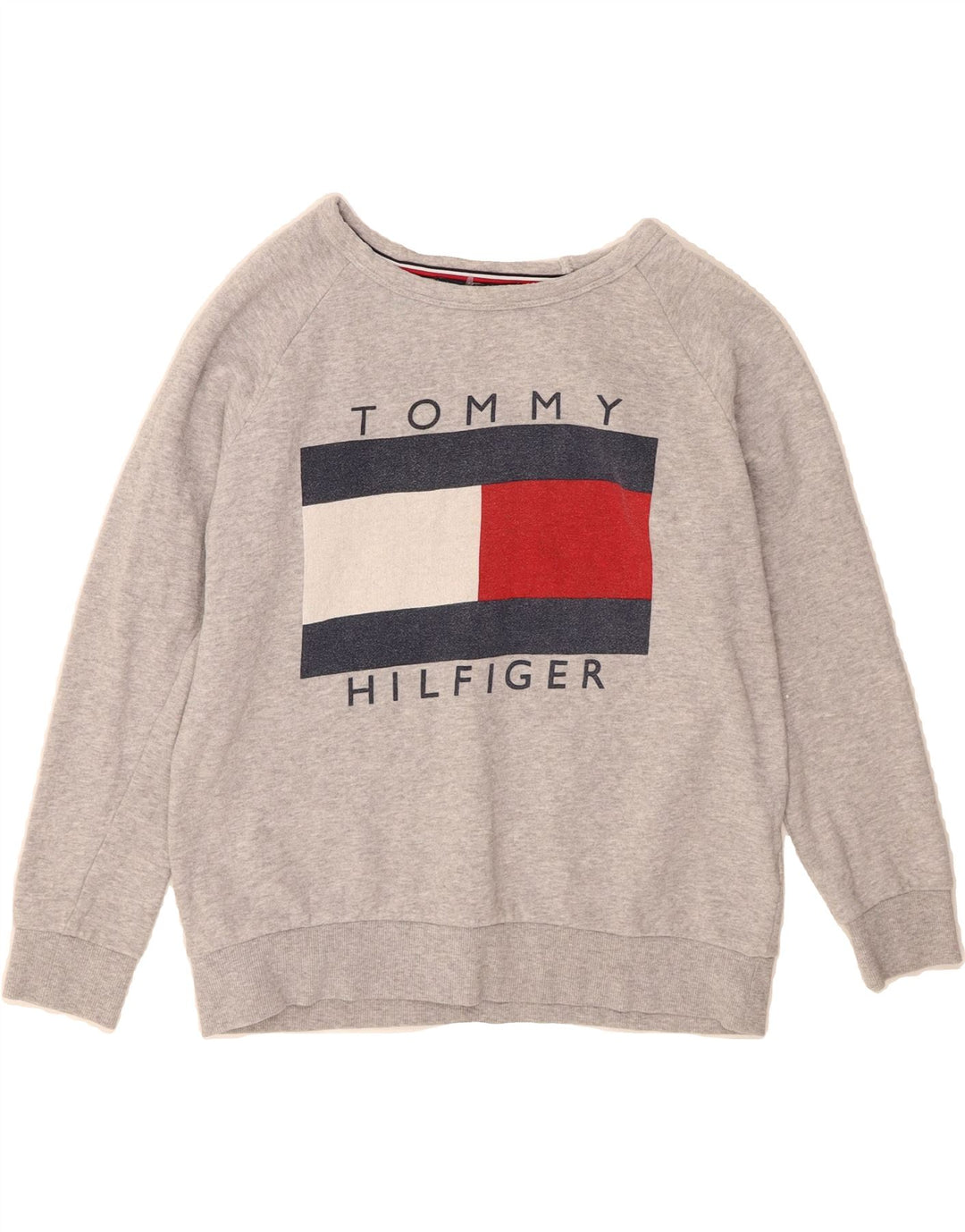 TOMMY HILFIGER Womens Graphic Oversized Sweatshirt Jumper UK 10 Small Grey Vintage Tommy Hilfiger and Second-Hand Tommy Hilfiger from Messina Hembry 