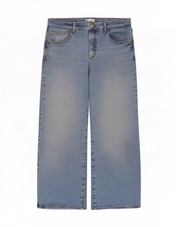 Женские укороченные широкие джинсы с высокой талией Zara EU 42, большие W32 L25, синие, хлопок