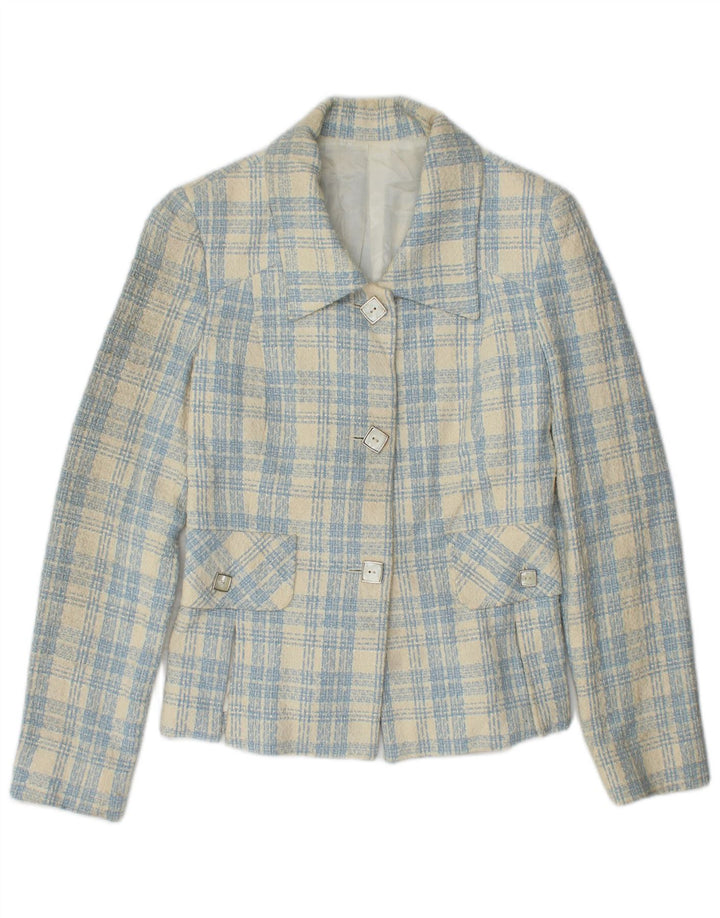 Винтажный женский пиджак на 3 пуговицах IT 42, хлопковый средний синий цвет в клетку