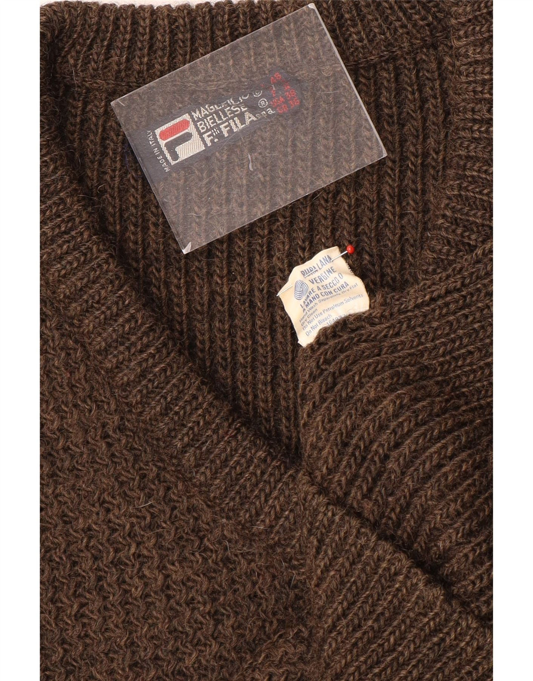 Мужской джемпер с v-образным вырезом Fila UK 36, маленький, коричневый, шерсть