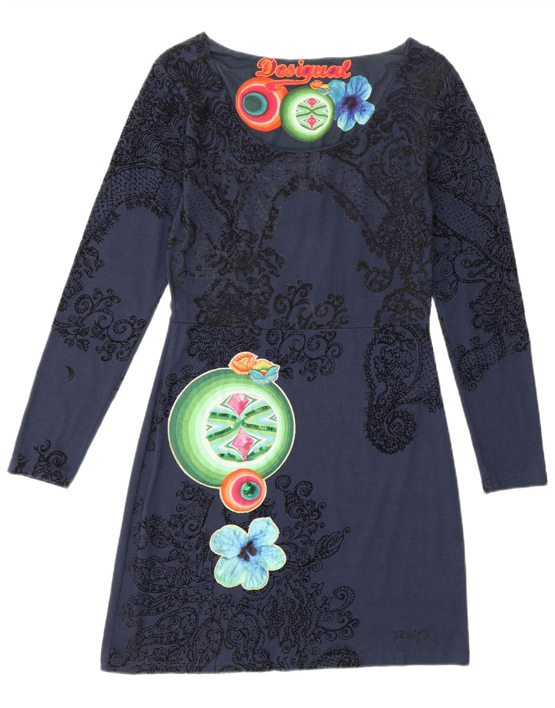 Женское платье прямого кроя Desigual с длинным рукавом и цветочным принтом среднего размера из вискозы