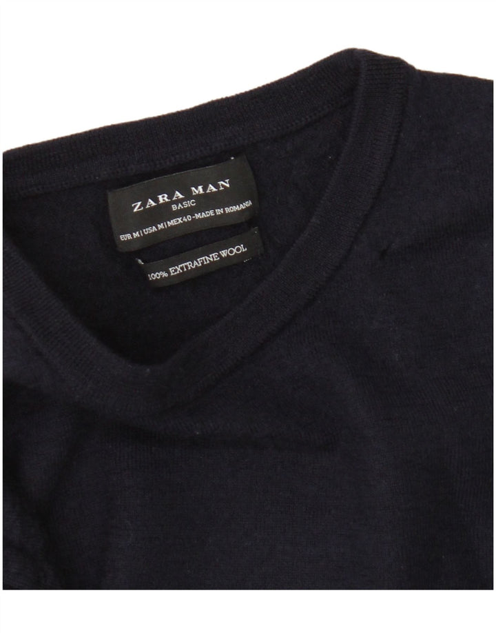 Мужской джемпер с круглым вырезом Zara, средний темно-синий шерстяной свитер