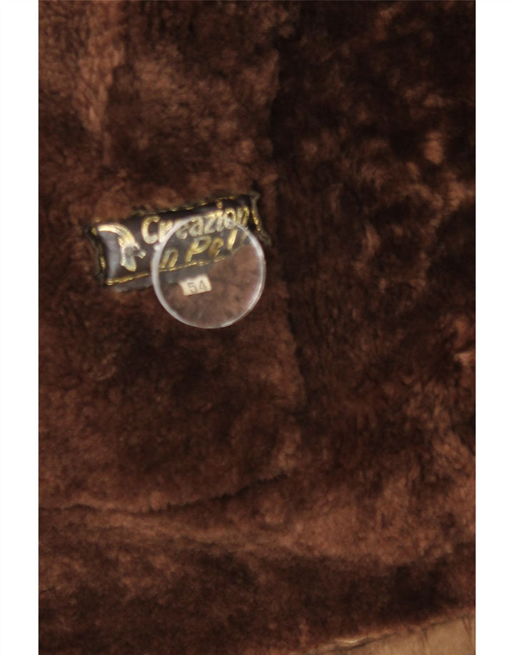 Винтажная мужская двубортная короткая дубленка IT 54 2XL Коричневая кожаная