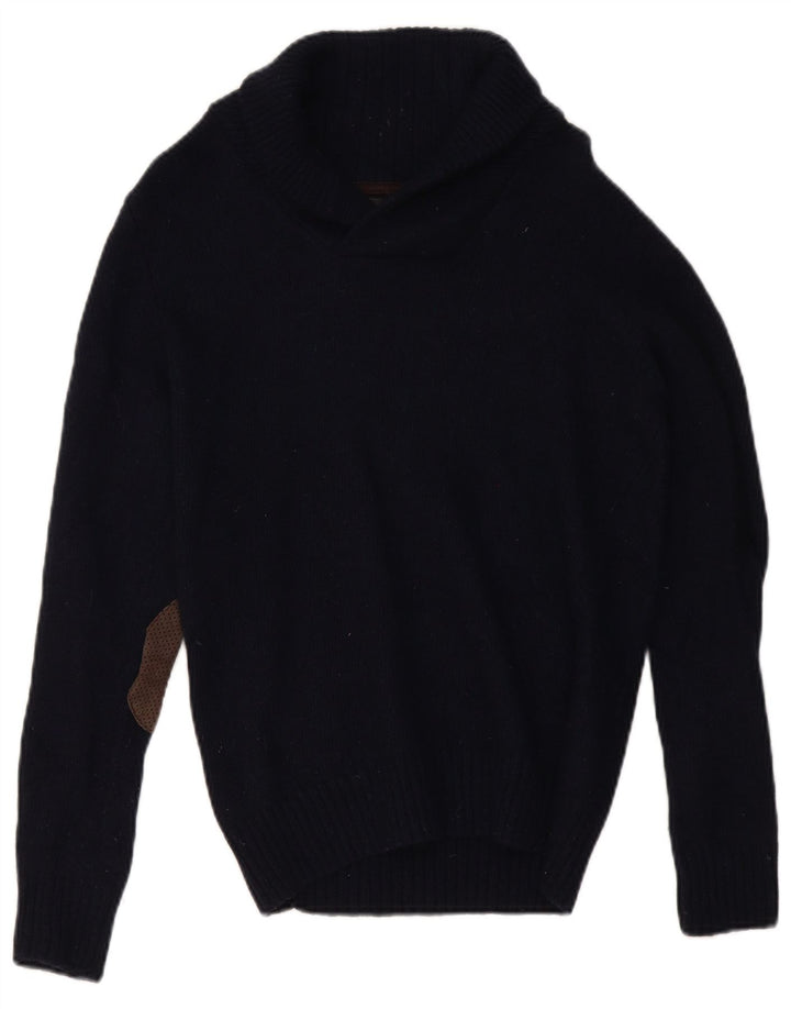 ZARA Mens Shawl Neck Jumper Sweater Large Navy Blue Colourblock Wool