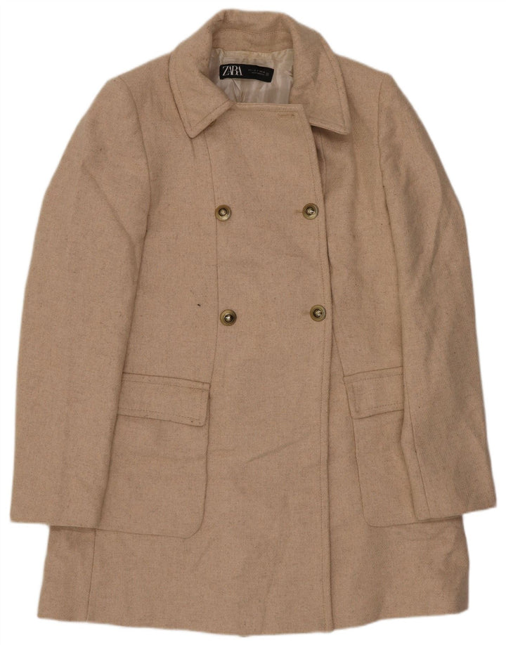 Женское двубортное пальто Zara UK 10, маленькое бежевое шерстяное