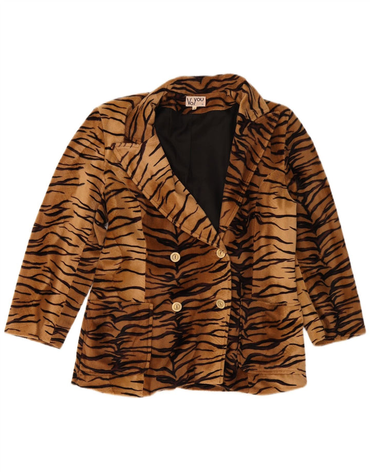 Винтажный женский флисовый пиджак UK 14, средний бежевый с животным принтом