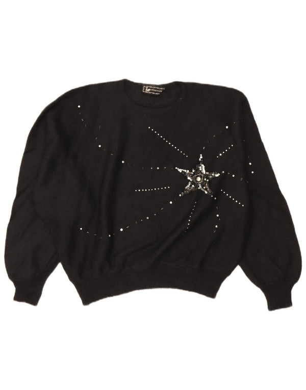 Vintage Womens Oversized Crop Crew Neck Jumper Sweater IT 46 Large Black