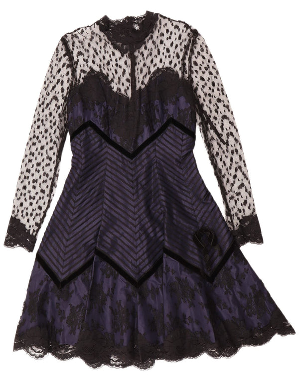 Винтажное женское платье трапециевидной формы с длинными рукавами, Великобритания, 10 маленьких размеров, темно-синее, в готическом стиле с цветочным принтом