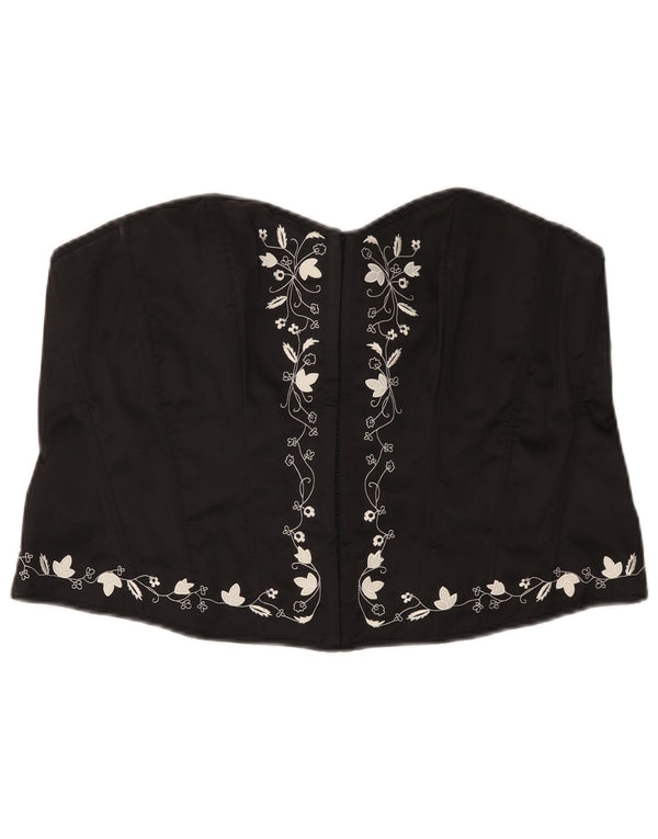 ВИНТАЖНЫЙ женский укороченный корсетный топ UK 16, большой черный цветочный полиэстер