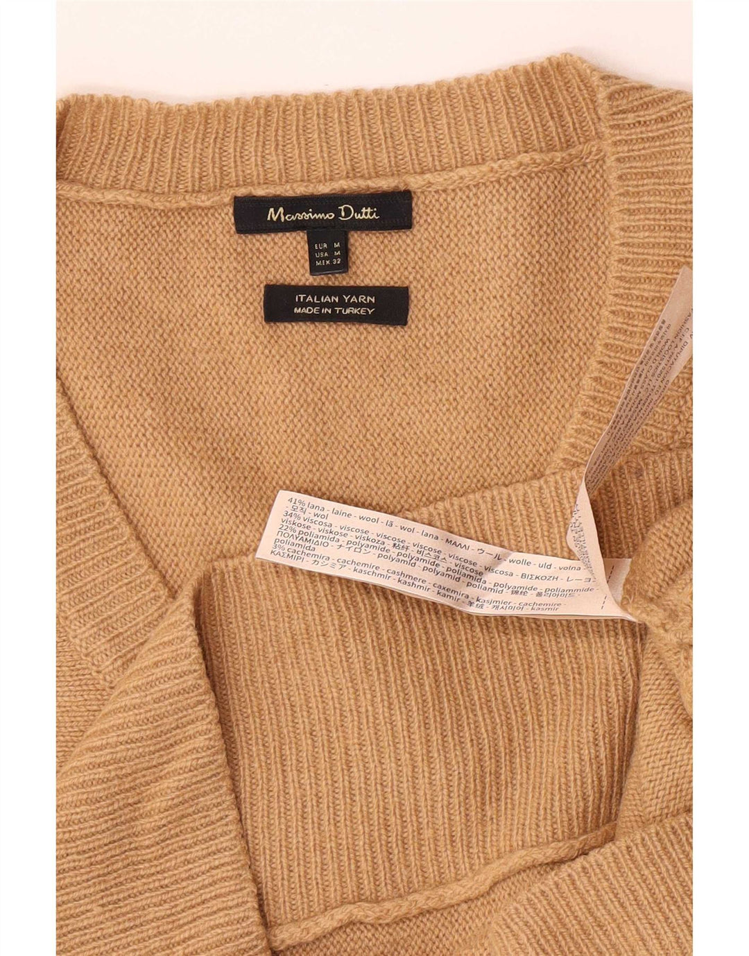 Женский джемпер с v-образным вырезом Massimo Dutti UK 14, средний бежевый, шерсть