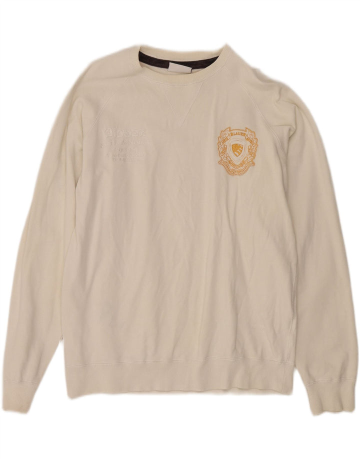 BLAUER Mens Graphic Sweatshirt Jumper Medium White Cotton Vintage Blauer and Second-Hand Blauer from Messina Hembry 