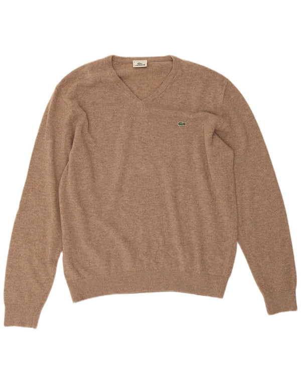 Мужской джемпер с v-образным вырезом Lacoste, размер 6 XL, бежевый, шерстяной в крапинку