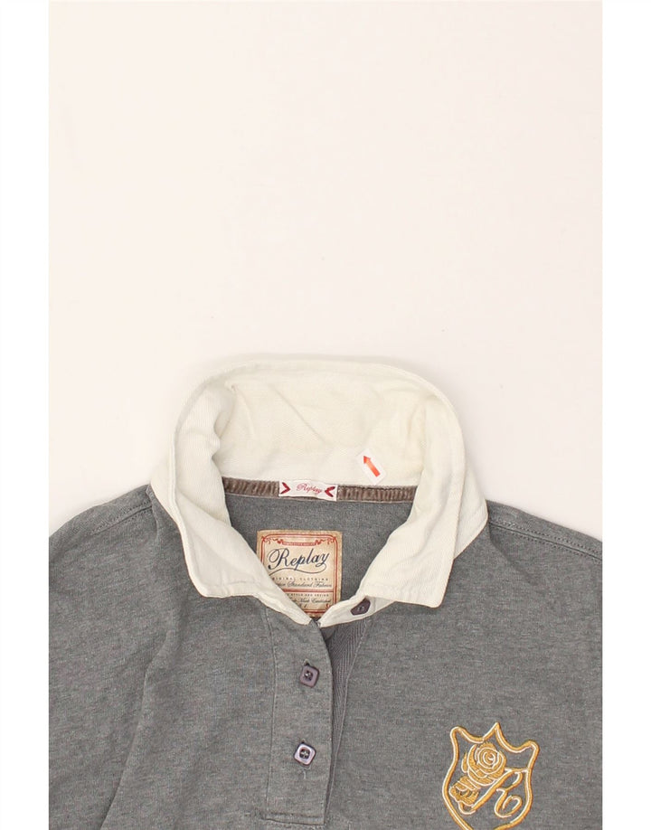 REPLAY Womens Long Sleeve Polo Shirt UK 14 Medium Grey Cotton | Vintage Replay | Thrift | Second-Hand Replay | Used Clothing | Messina Hembry 
