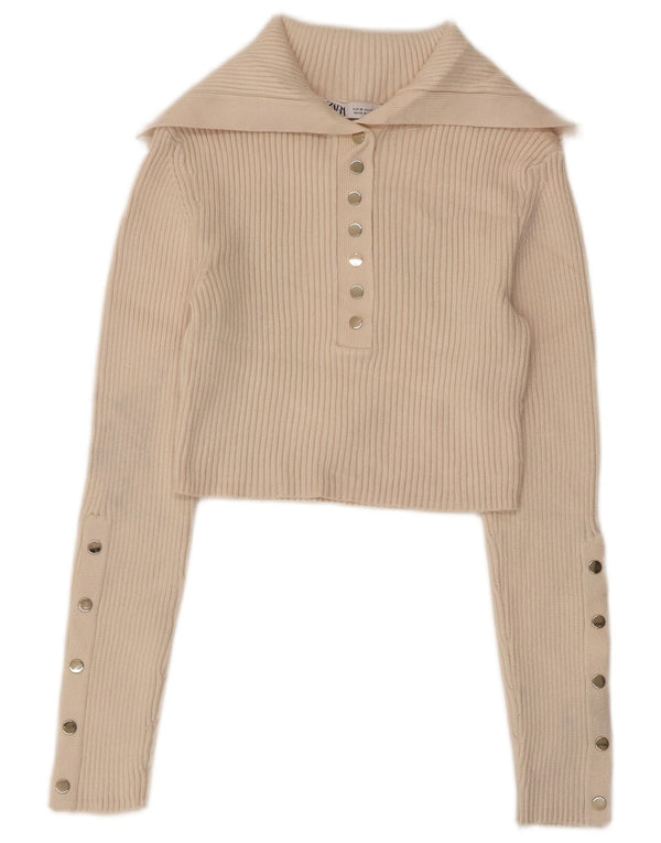 Женский укороченный свитер с воротником поло ZARA UK 12, средний бежевый вискоза