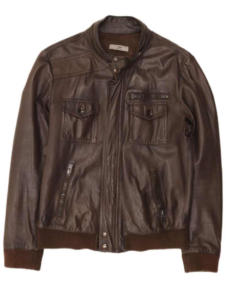 Мужская кожаная куртка-бомбер Zen, размер 50, кожа среднего коричневого цвета