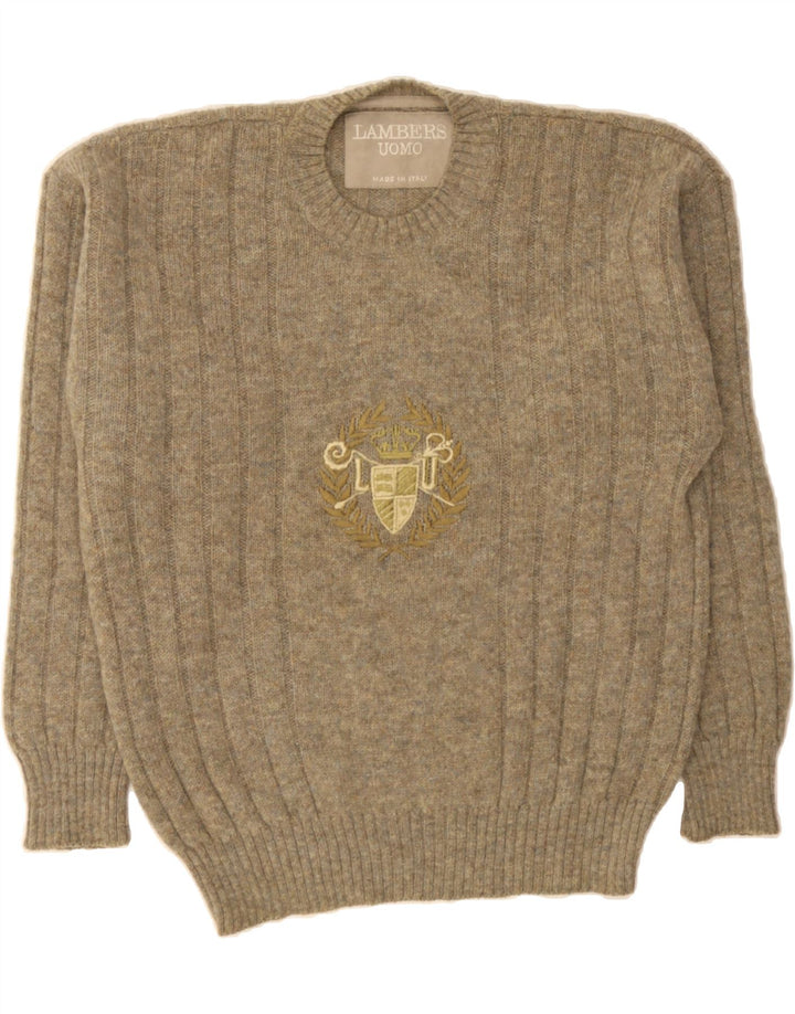 LAMBERS Mens Graphic Crew Neck Jumper Sweater IT 52 Large Grey Wool Vintage Lambers and Second-Hand Lambers from Messina Hembry 