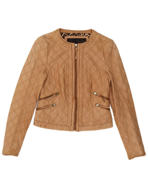 Женская укороченная стеганая куртка из искусственной кожи Zara UK 8, маленький размер, бежевый полиэстер