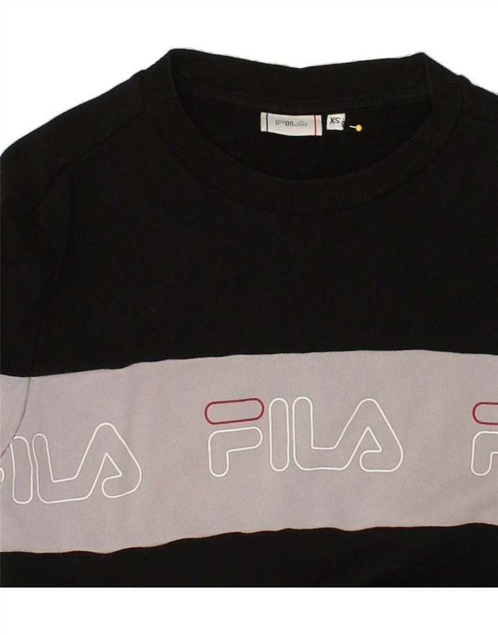 FILA Womens Graphic Sweatshirt Jumper UK 6 XS Black Colourblock Cotton | Vintage Fila | Thrift | Second-Hand Fila | Used Clothing | Messina Hembry 