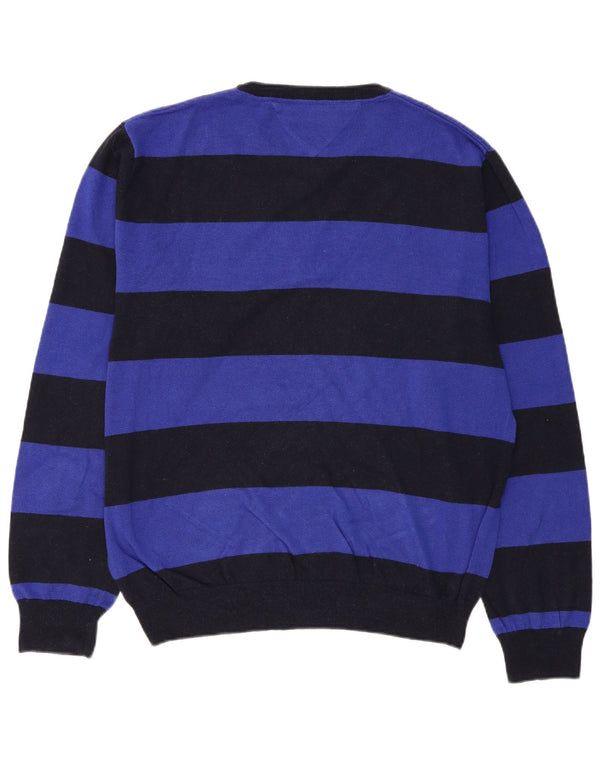 TOMMY HILFIGER Mens Crew Neck Jumper Sweater 2XL Black Striped Cotton