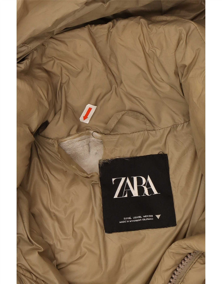 Женское длинное стеганое пальто с капюшоном Zara UK 18 XL, бежевый полиэстер
