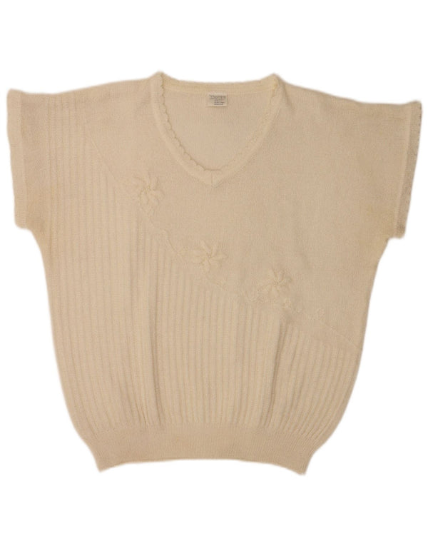 Винтажная женская блузка с коротким рукавом, топ UK 20, 2XL, белый полиакрил с цветочным принтом