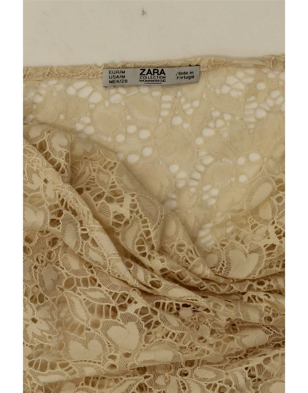Женский кружевной прозрачный топ с длинным рукавом Zara UK 12, средний цвет, бежевый с цветочным принтом