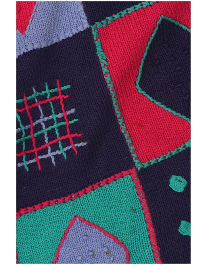 ВИНТАЖНЫЙ женский джемпер с круглым вырезом UK 14, средний темно-синий в стиле пэчворк