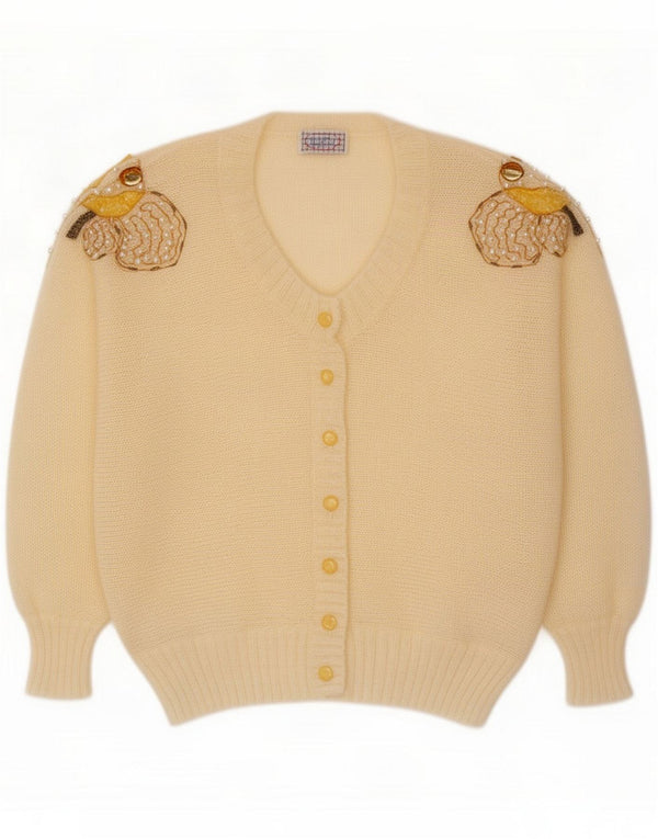 Vintage Womens Graphic Cardigan Sweater UK 16 Large Off White Mohair